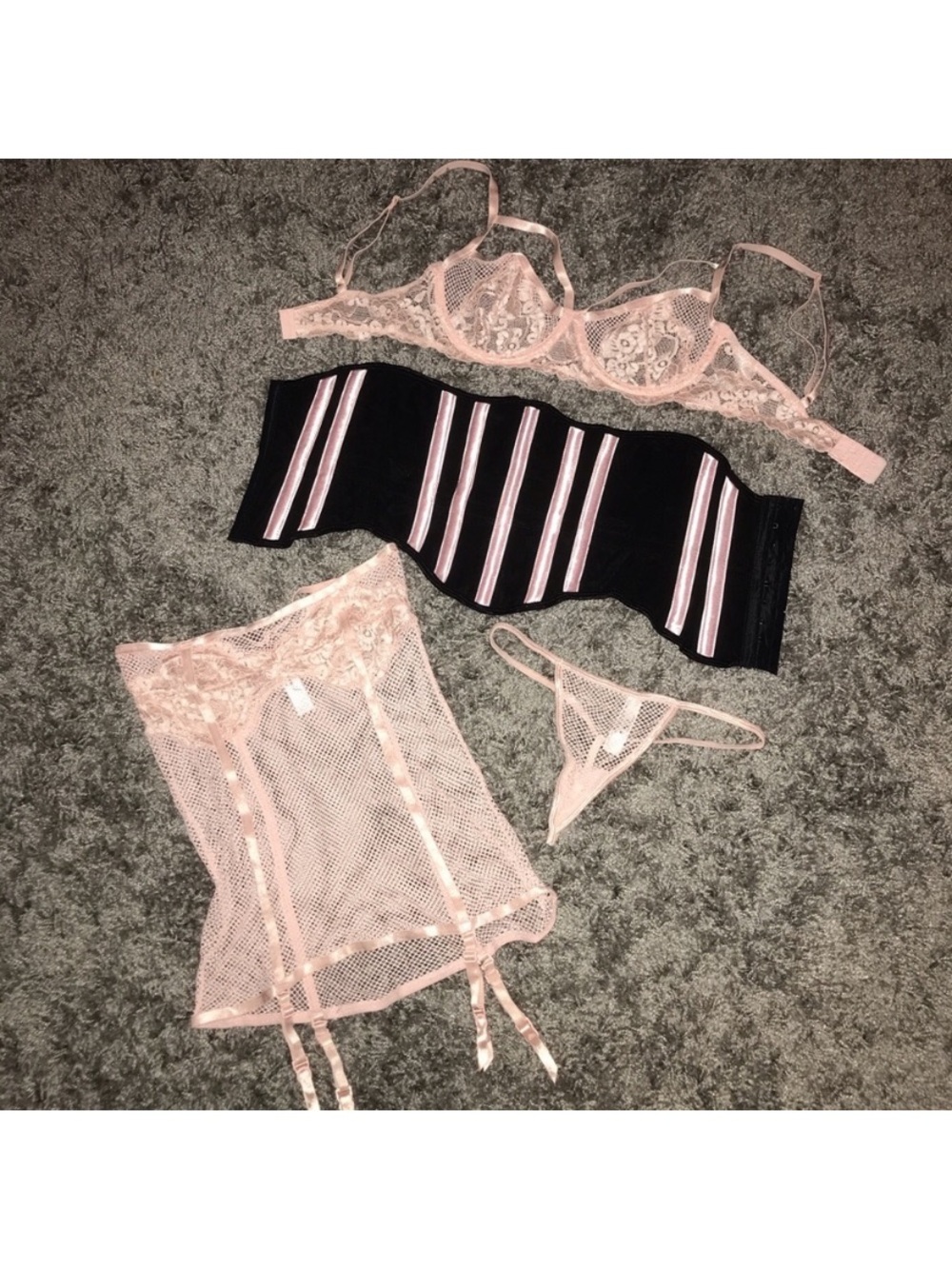 Dreamgirl Pink Lace Bra, Garter Slip, Thong & Black Corset Waist Cincher